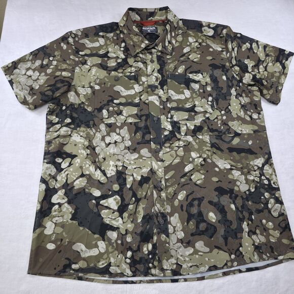 Simms Fishing RARE Veil Camo Camouflage 2XL Short Sleeve Chest Zip Phone Pocket - Picture 1 of 11